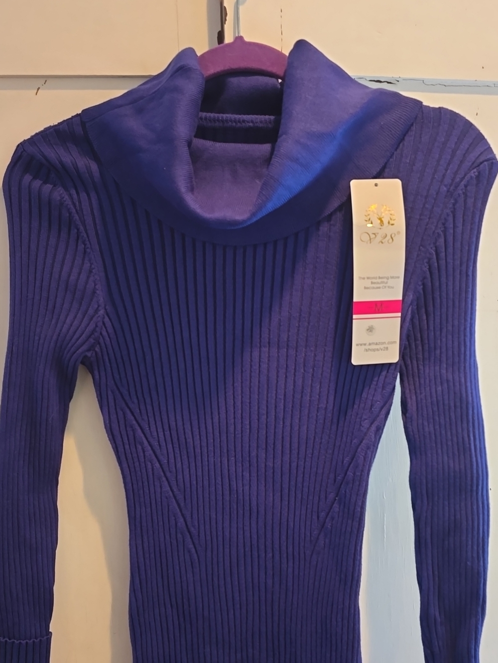 Blue Ribbed Cowl Neck Sweater Dress -